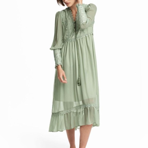 H&M Green Chiffon Crochet Lace Boho Prairie Midi Length Lined Dress Womens 10 - Picture 8 of 13